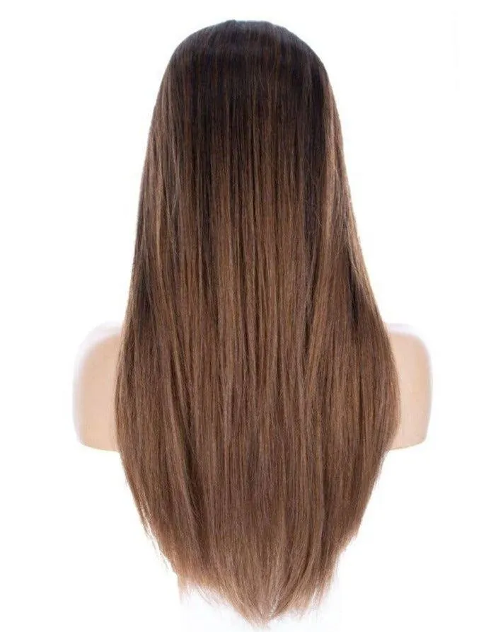 26" Ponytail Silk Top Wig Dark Brown Ombre