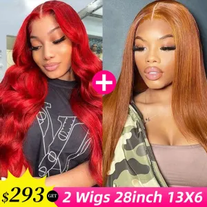 [2Wigs 13x6] Ginger Colored & Red Colored 28 Inches Lace Frontal Wigs