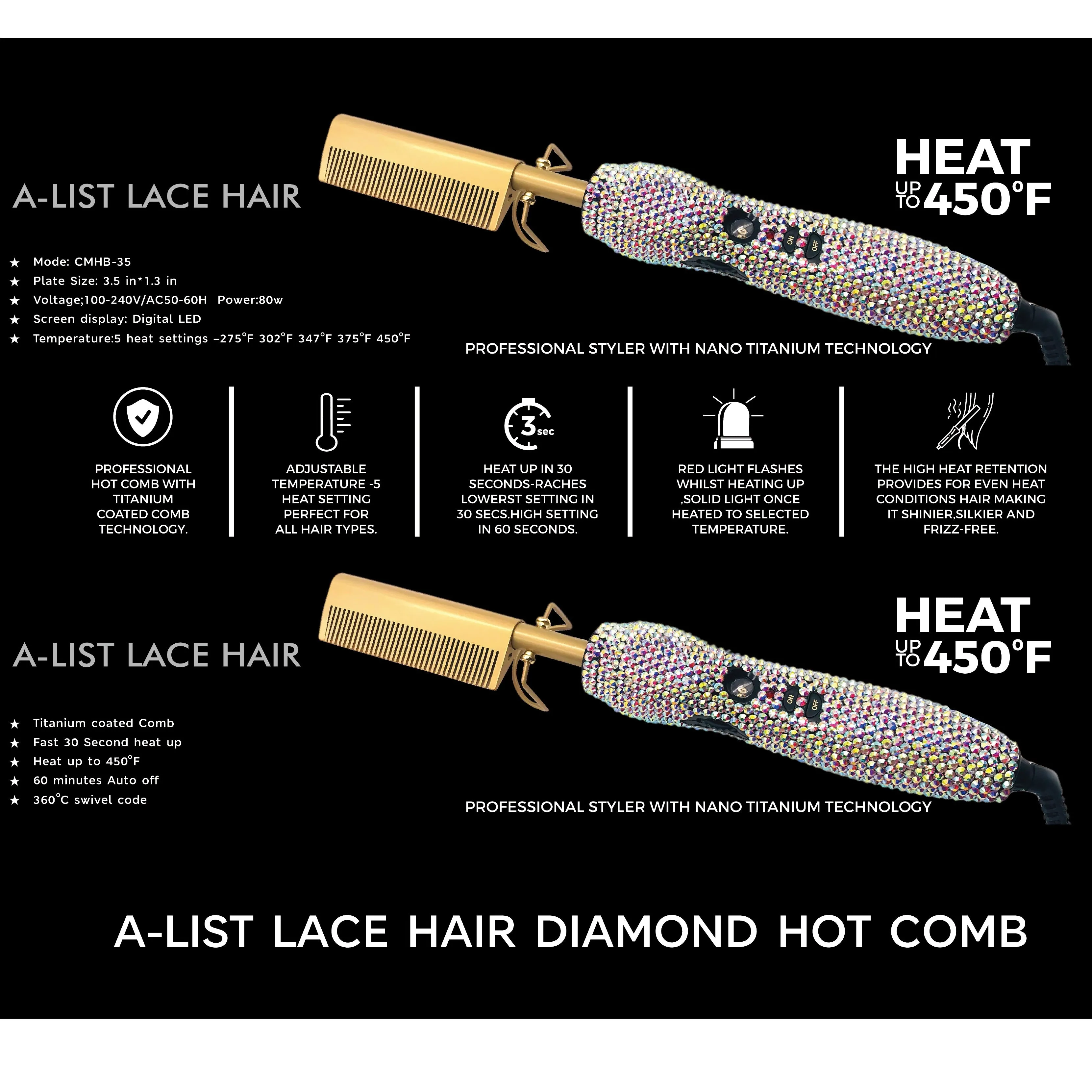 A-List Lace Hair Diamond Hot Comb
