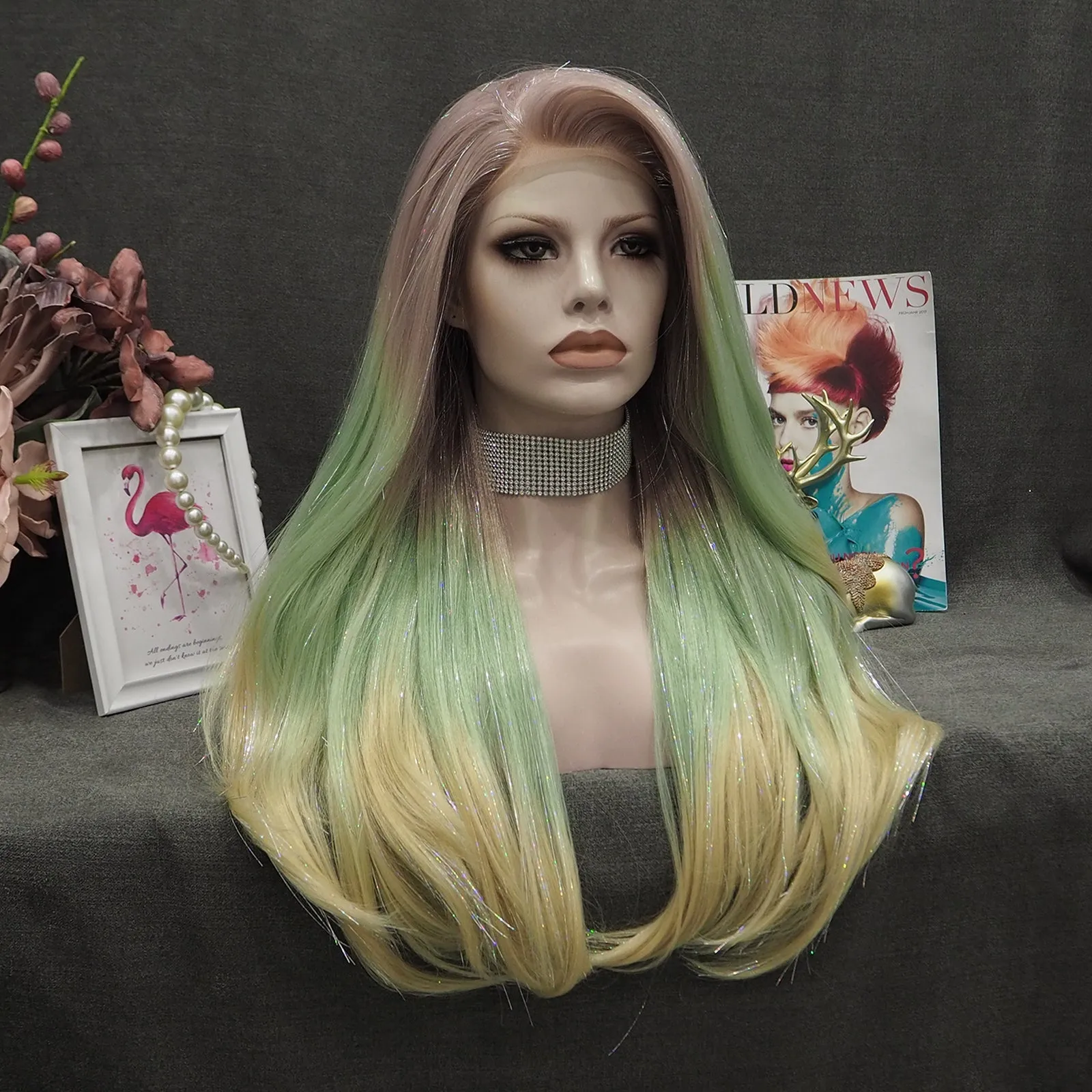Ann - Sand Red to Green Blonde Ombre with Tinsel  Long Straight Synthetic Lace Front Wig