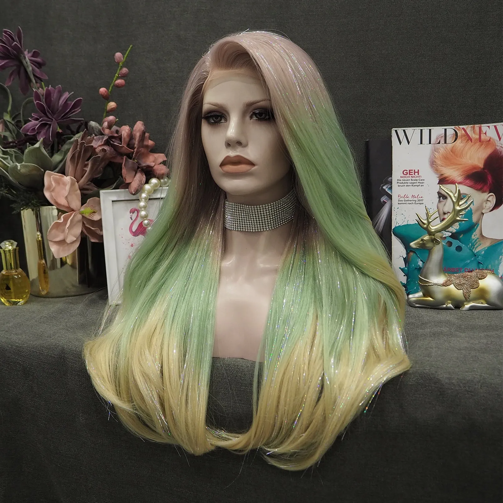 Ann - Sand Red to Green Blonde Ombre with Tinsel  Long Straight Synthetic Lace Front Wig