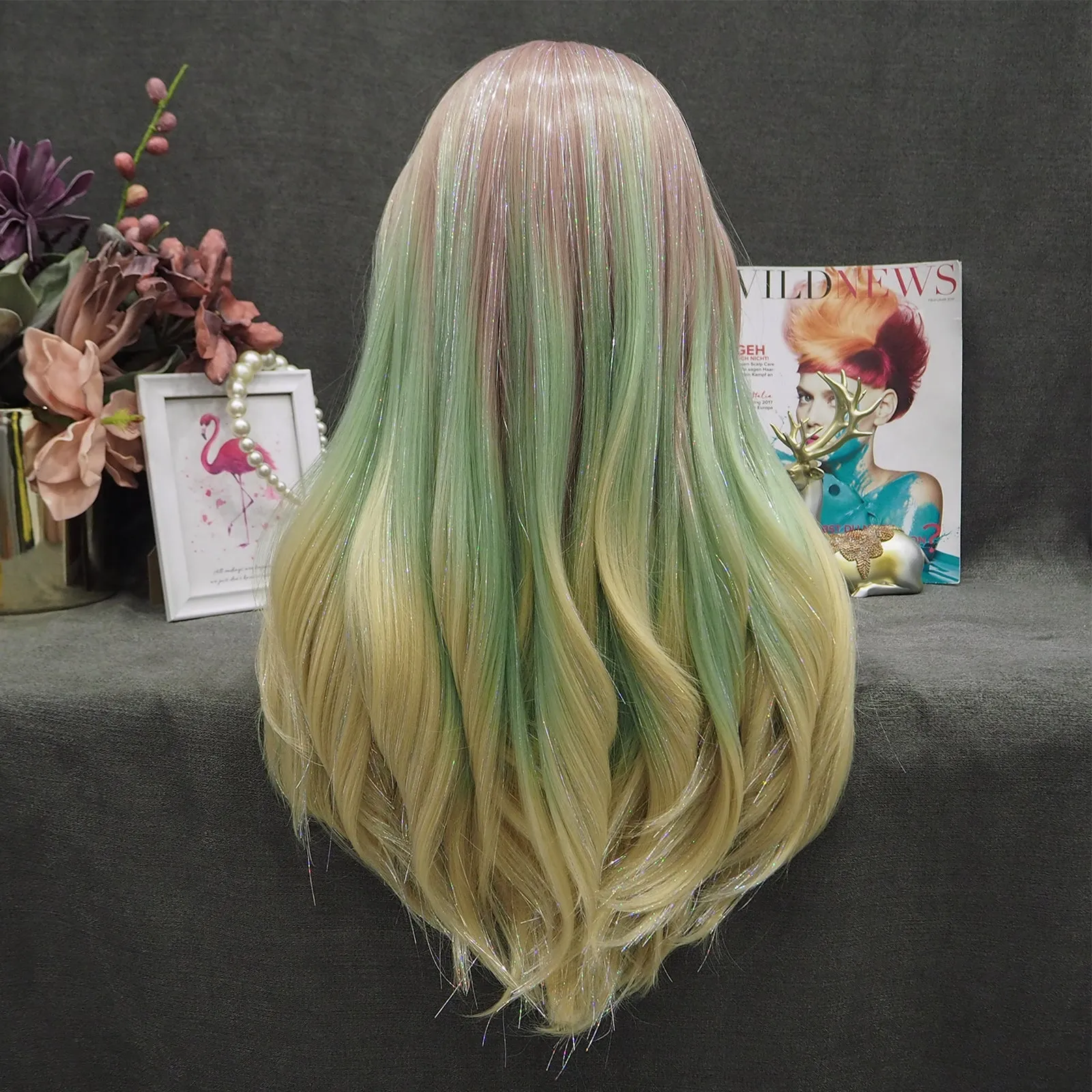 Ann - Sand Red to Green Blonde Ombre with Tinsel  Long Straight Synthetic Lace Front Wig