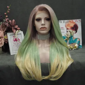 Ann - Sand Red to Green Blonde Ombre with Tinsel  Long Straight Synthetic Lace Front Wig