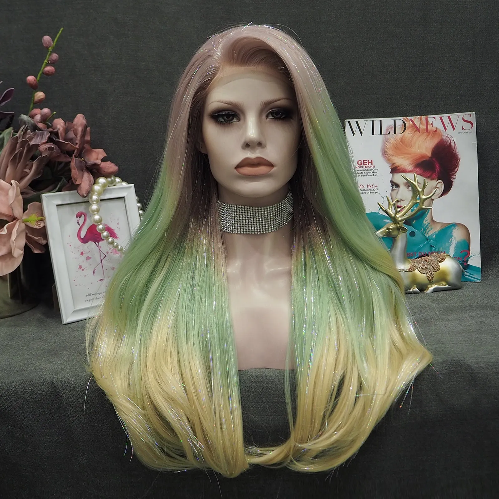 Ann - Sand Red to Green Blonde Ombre with Tinsel  Long Straight Synthetic Lace Front Wig
