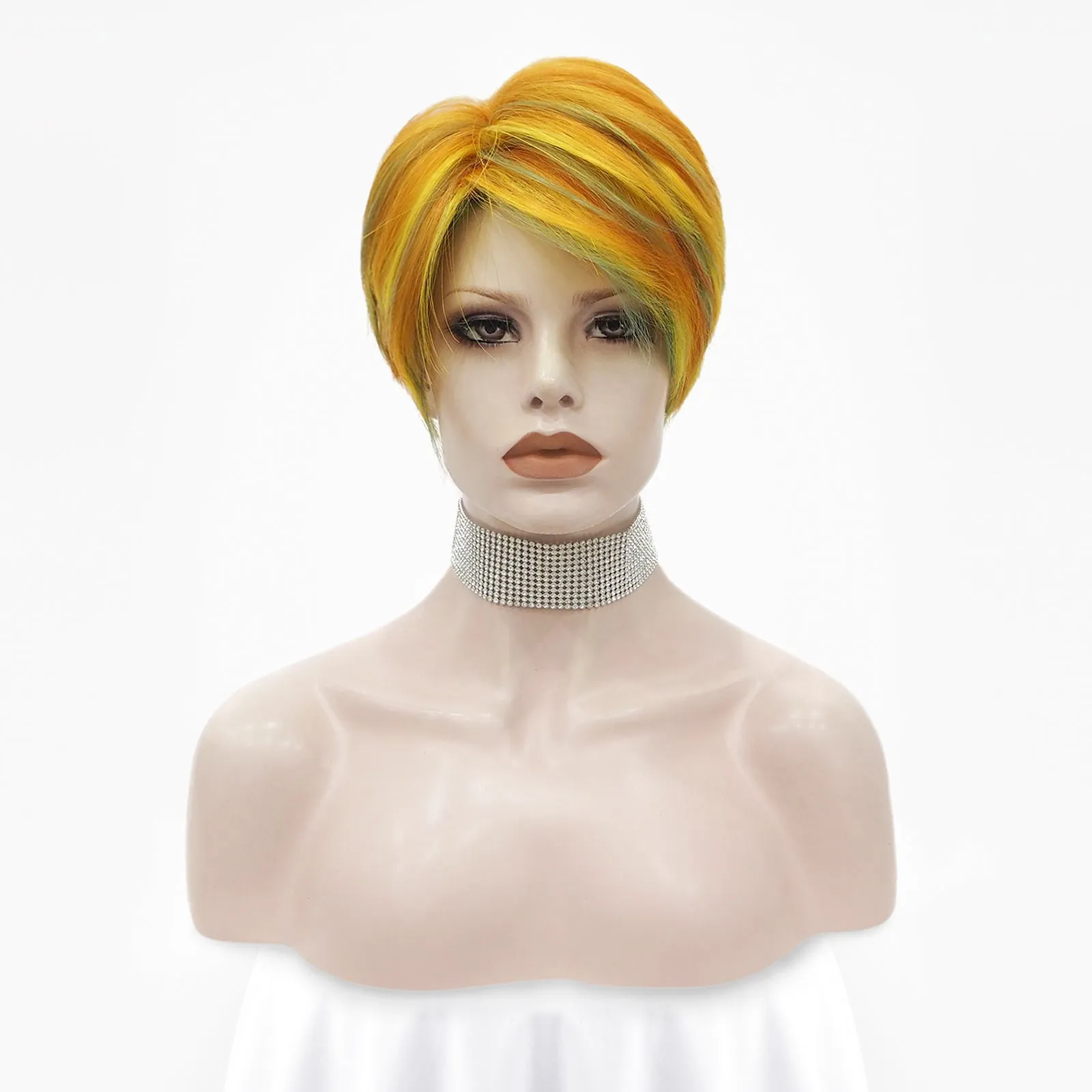 Bright Orange And Yellow Highlights Short Synthetic Wig