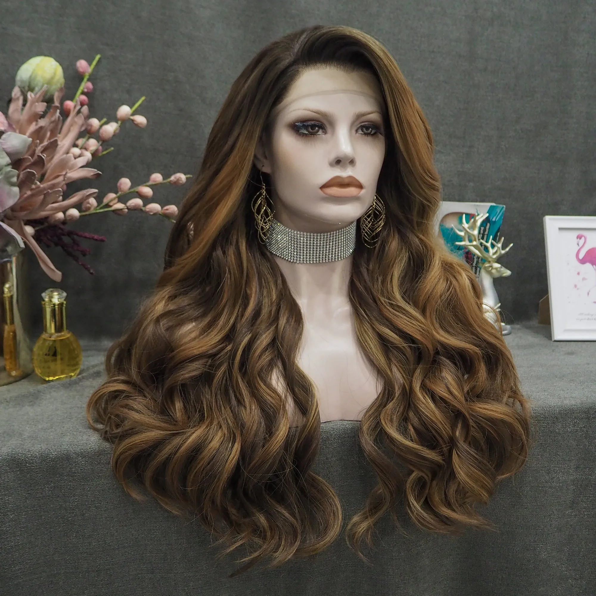 Brown Highlights Long Wave Synthetic Lace Front Women Wig