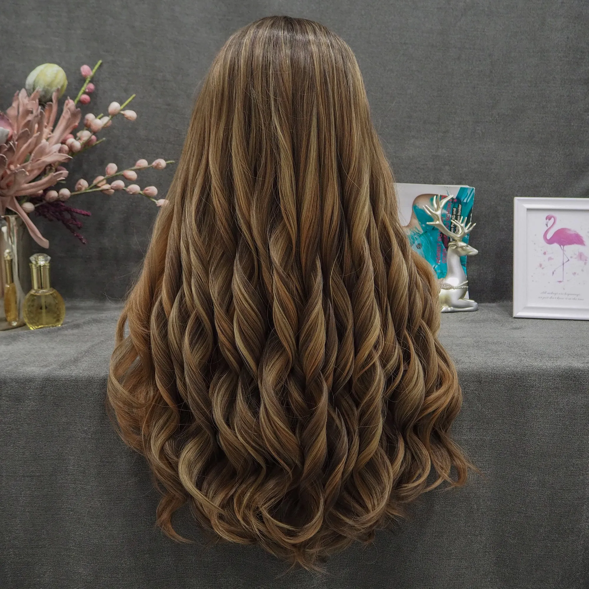 Brown Highlights Long Wave Synthetic Lace Front Women Wig