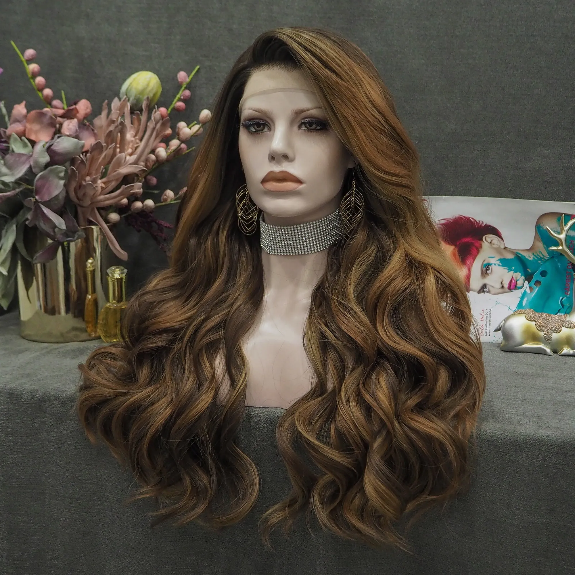 Brown Highlights Long Wave Synthetic Lace Front Women Wig