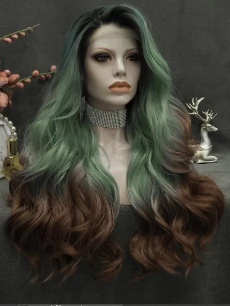Cedre - Viridian Green And Brown Ombre Long Wavy Synthetic Lace Front Wig