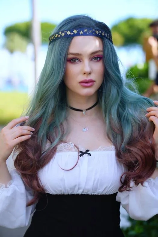 Cedre - Viridian Green And Brown Ombre Long Wavy Synthetic Lace Front Wig