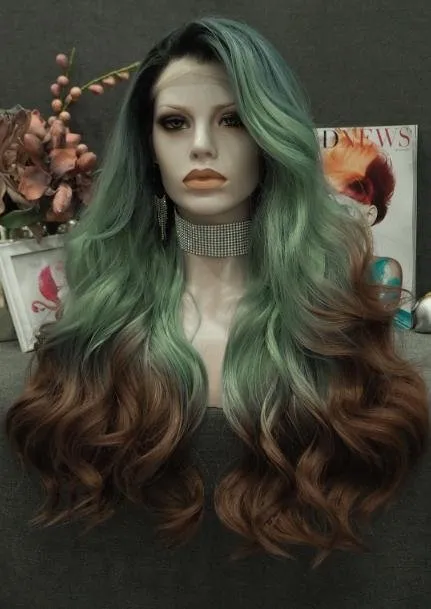 Cedre - Viridian Green And Brown Ombre Long Wavy Synthetic Lace Front Wig