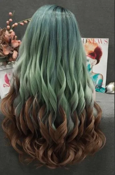 Cedre - Viridian Green And Brown Ombre Long Wavy Synthetic Lace Front Wig