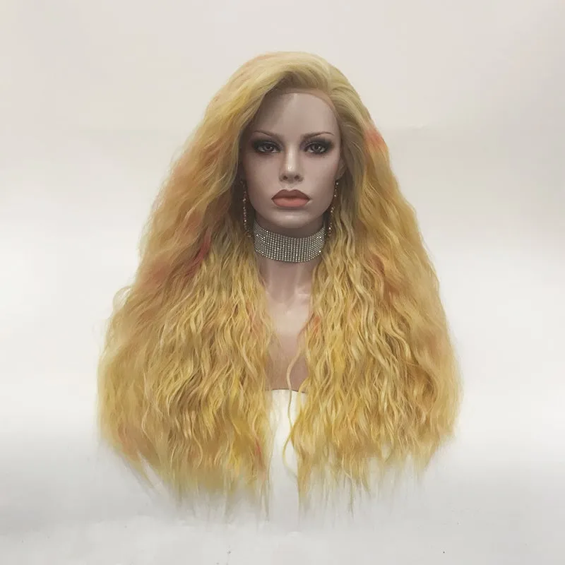 Champagne - Multicolored Blonde Long Loose Curl Synthetic Lace Front Wig