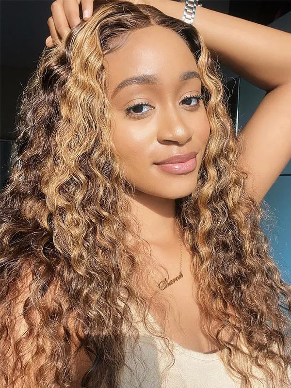 Chinalacewig Brown Highlight Ombre Curly Hair 360 Undetectable Lace Wigs NCF83