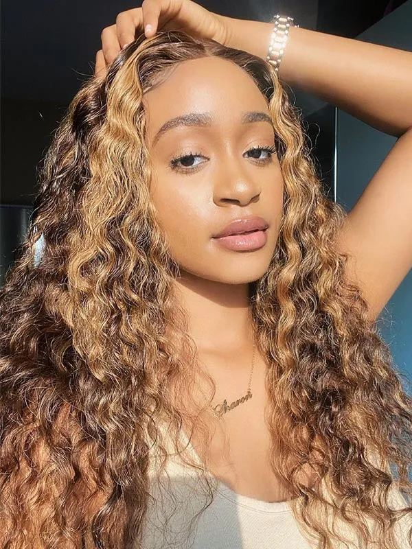 Chinalacewig Brown Highlight Ombre Curly Hair 360 Undetectable Lace Wigs NCF83