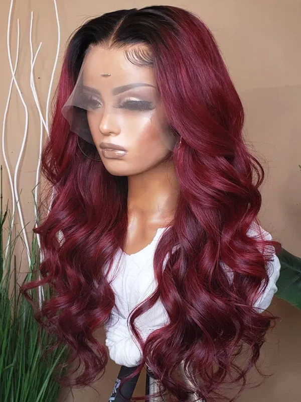 Chinalacewig Burgundy Ombre Color Virgin Hair 360 HD Lace Frontal Wig Wavy NCF112