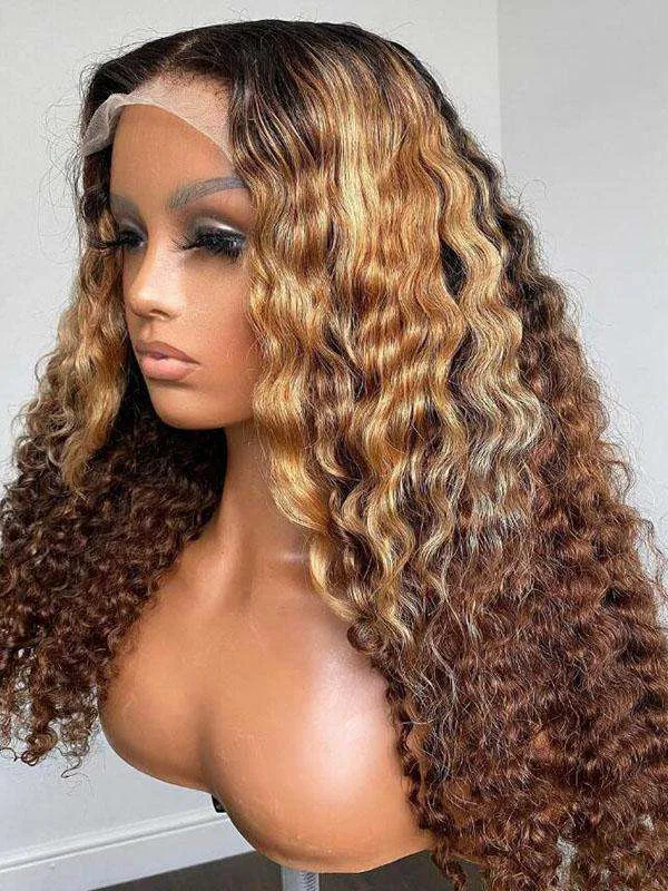 Chinalacewig HD Invisible Lace Ombre Brown Color Deep Curly Lace Front Human Hair Wigs CF472