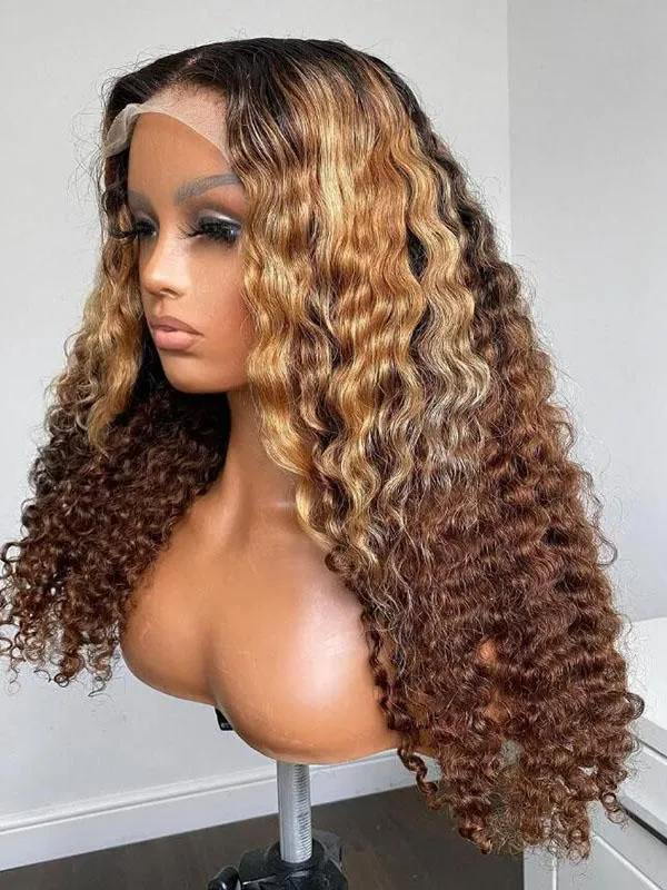 Chinalacewig HD Invisible Lace Ombre Brown Color Deep Curly Lace Front Human Hair Wigs CF472