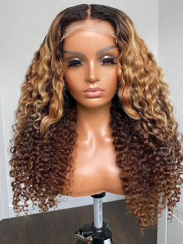 Chinalacewig HD Invisible Lace Ombre Brown Color Deep Curly Lace Front Human Hair Wigs CF472