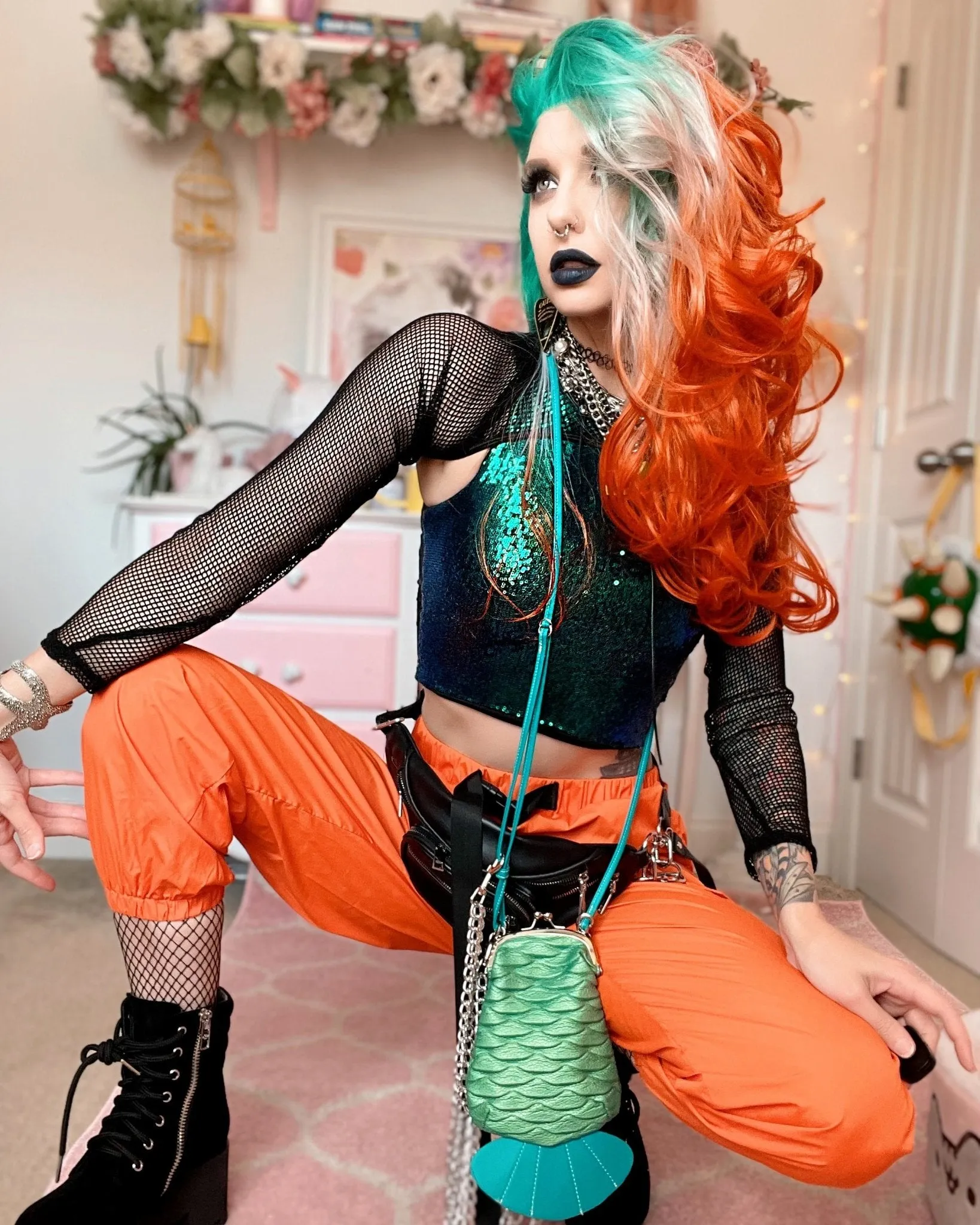Cocktail - Green & Orange Ombre Long Wavy Synthetic Lace Front Wig