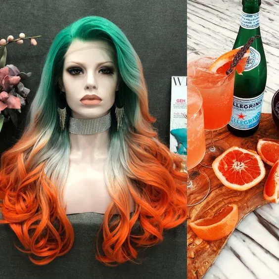 Cocktail - Green & Orange Ombre Long Wavy Synthetic Lace Front Wig