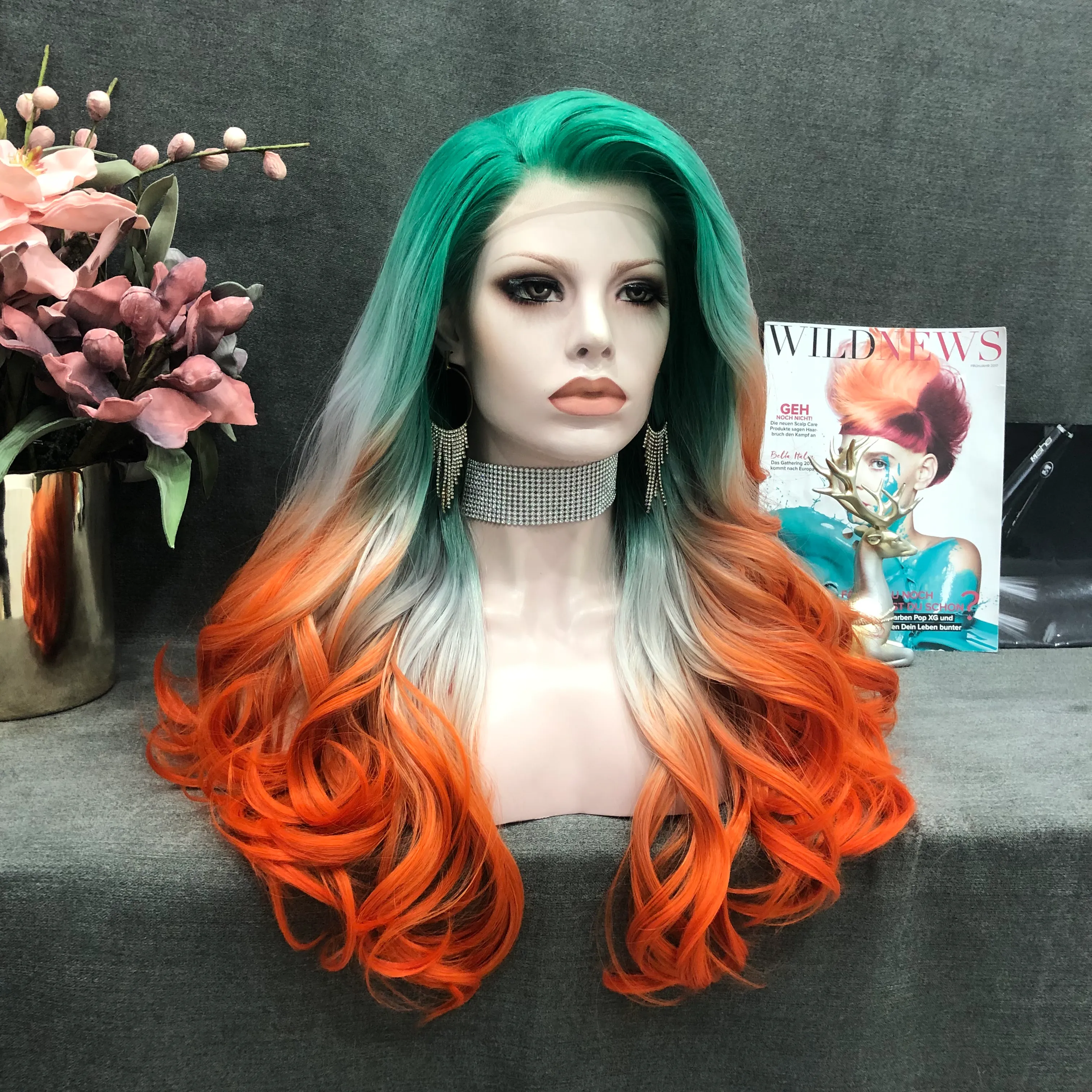 Cocktail - Green & Orange Ombre Long Wavy Synthetic Lace Front Wig