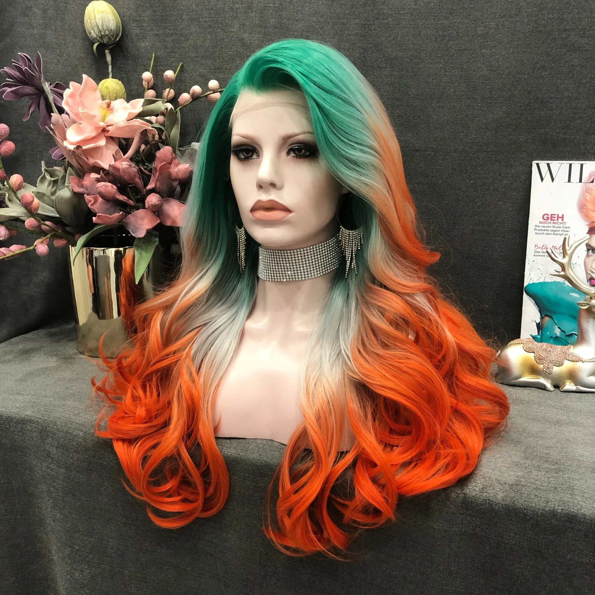 Cocktail - Green & Orange Ombre Long Wavy Synthetic Lace Front Wig