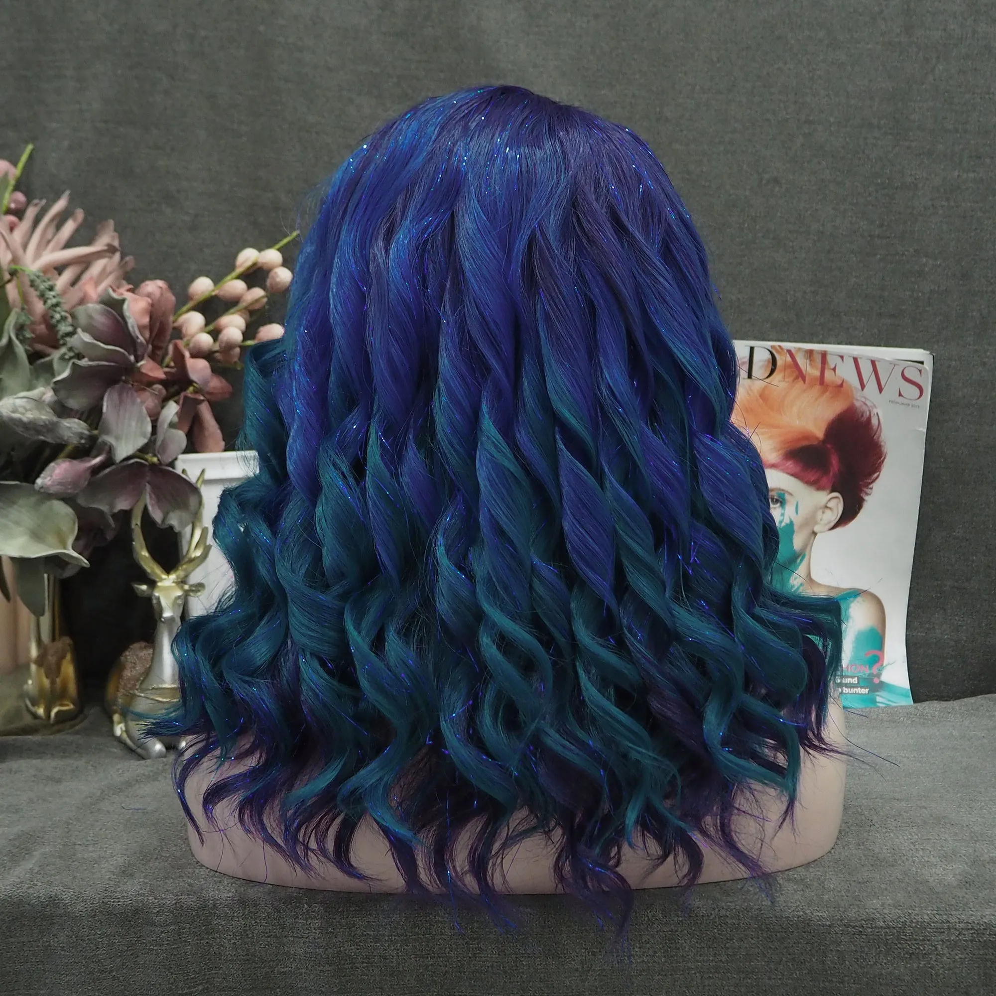 Dark Blue With Tinsel Synthetic Lace Front Wig For Women