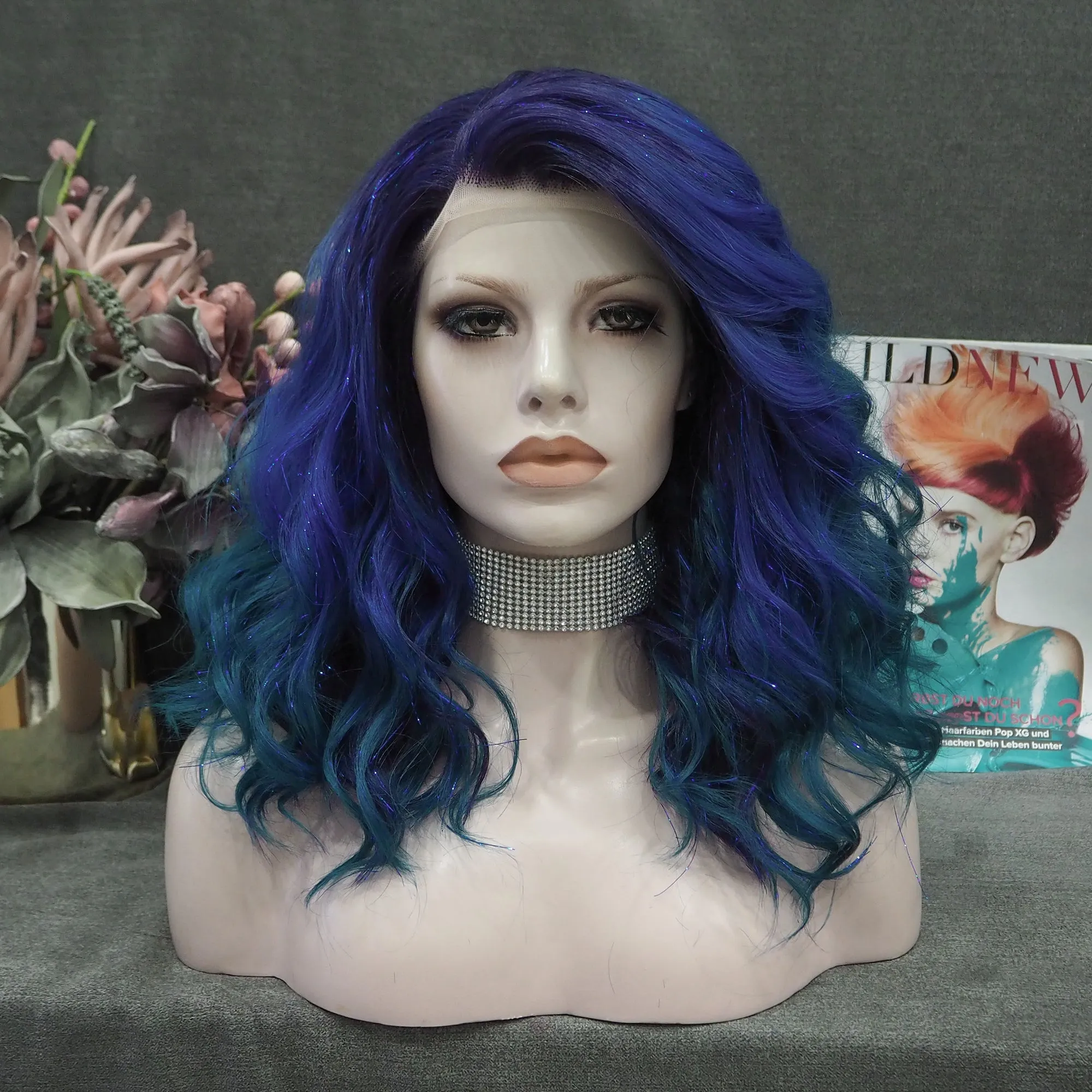 Dark Blue With Tinsel Synthetic Lace Front Wig For Women
