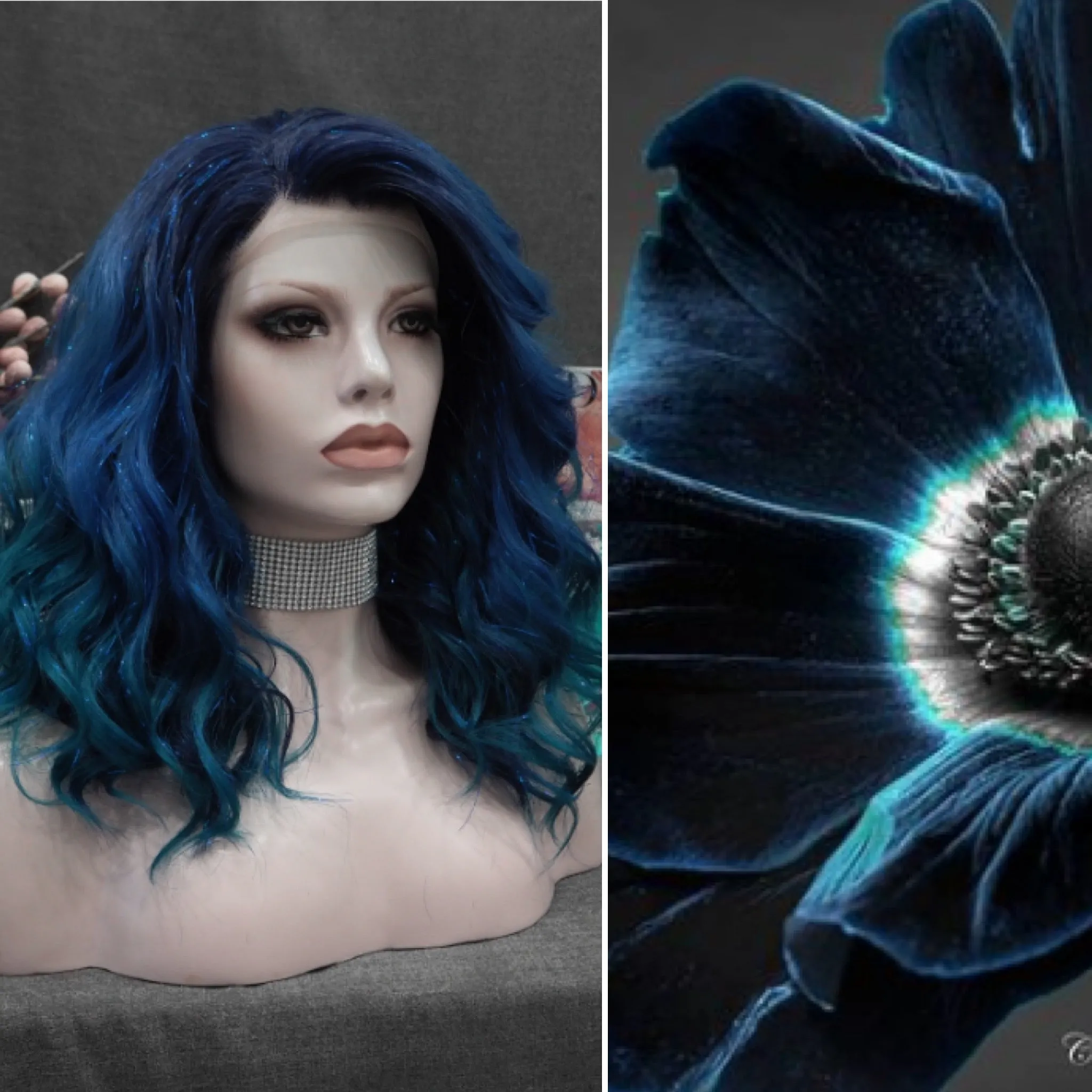 Dark Blue With Tinsel Synthetic Lace Front Wig For Women