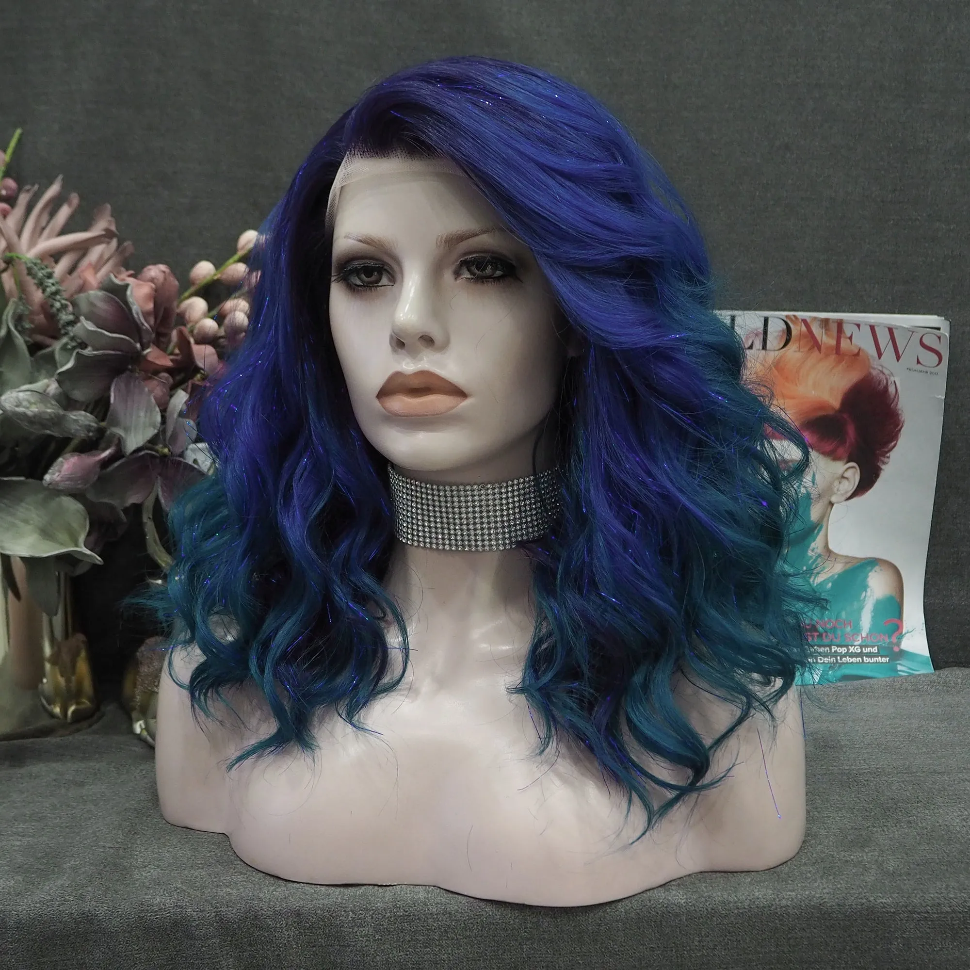 Dark Blue With Tinsel Synthetic Lace Front Wig For Women