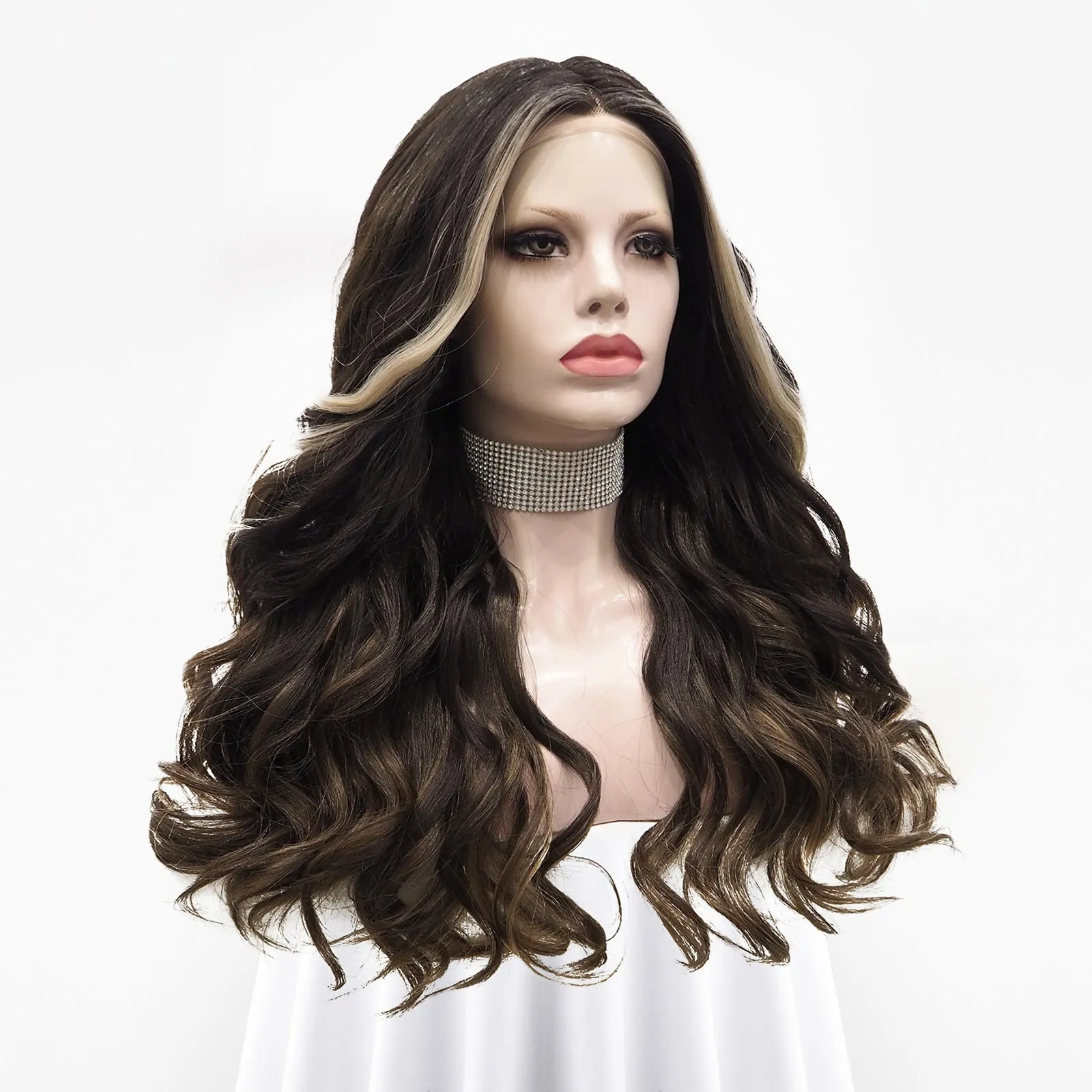 Dark Brown Highlights Wave Lace Front T Part Daily Party Wear Women Wig