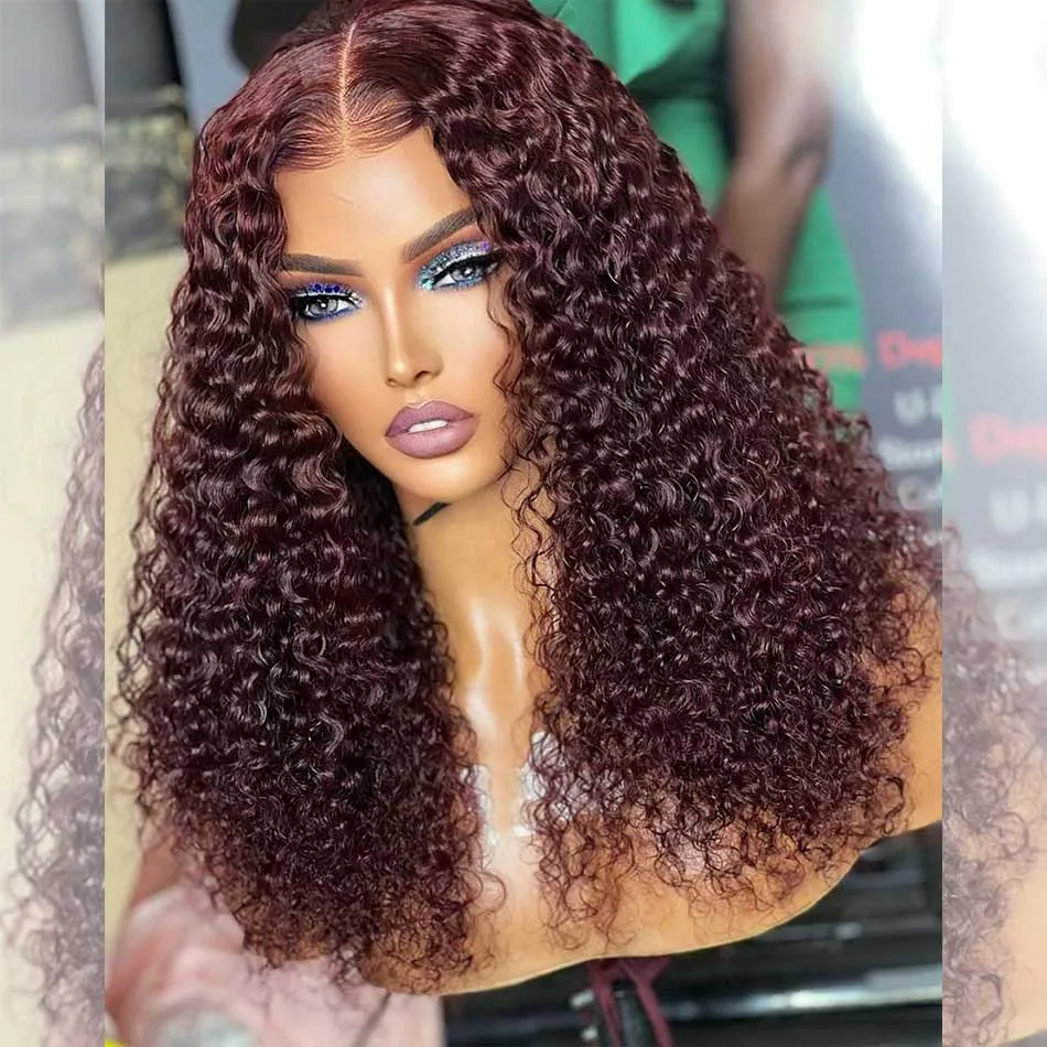 Double Drawn Hairstylist Works 6x5 Glueless Lace Closure Curly Human Hair Wigs 99j Wine Red Colored Wigs