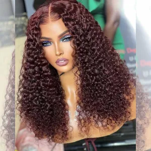 Double Drawn Hairstylist Works 6x5 Glueless Lace Closure Curly Human Hair Wigs 99j Wine Red Colored Wigs