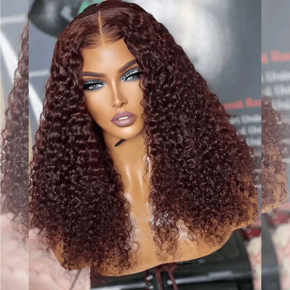 Double Drawn Hairstylist Works 6x5 Glueless Lace Closure Curly Human Hair Wigs 99j Wine Red Colored Wigs