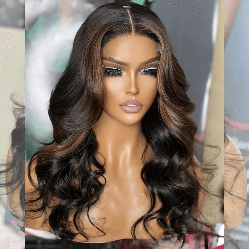 Double Drawn Hairstylist Works 6x5 Glueless Lace Closure Highlights Brown Colored Human Hair Wigs Chest Length