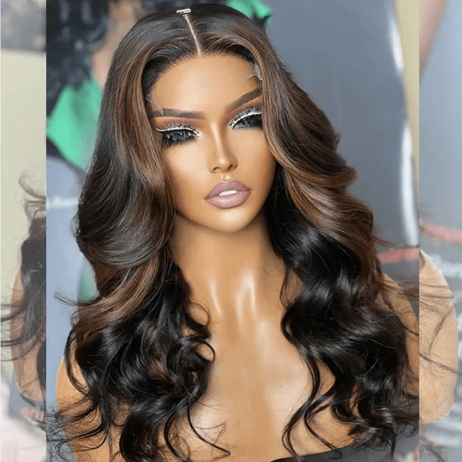 Double Drawn Hairstylist Works 6x5 Glueless Lace Closure Highlights Brown Colored Human Hair Wigs Chest Length