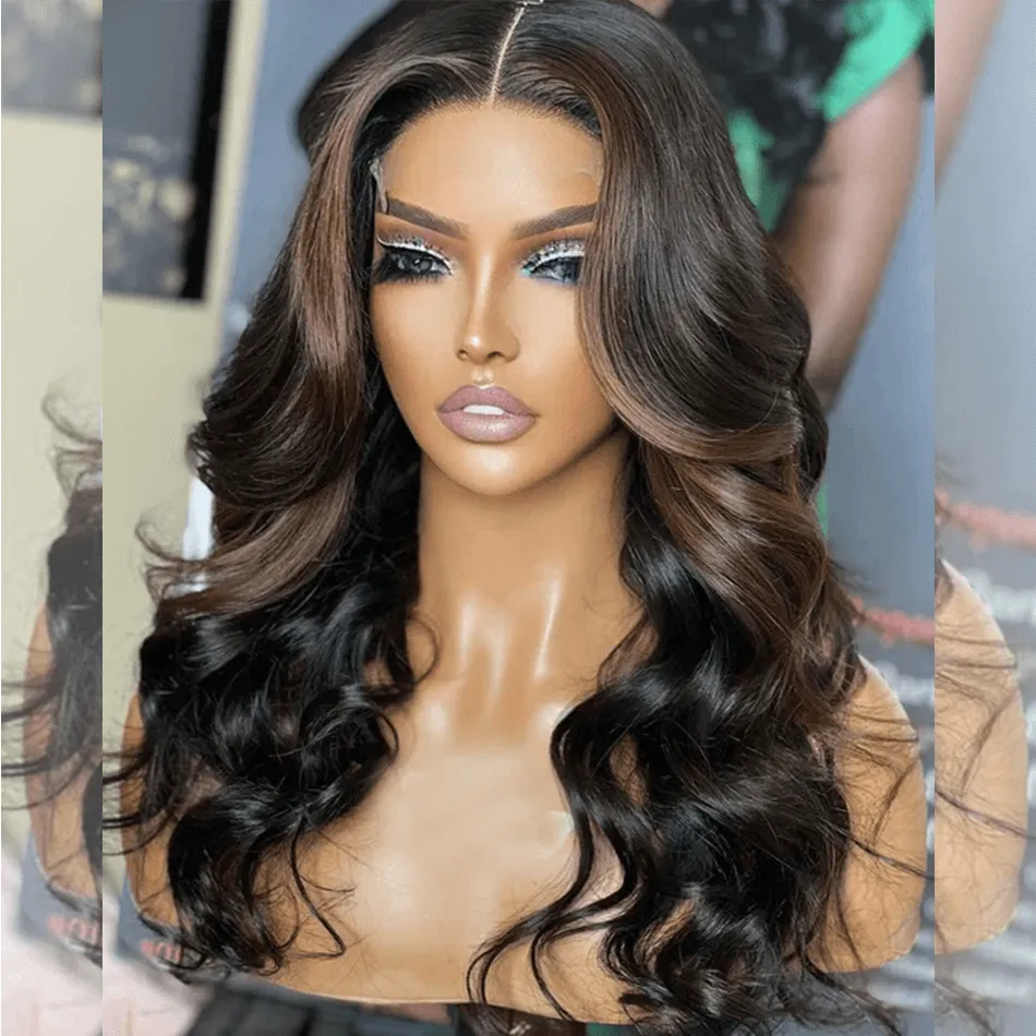 Double Drawn Hairstylist Works 6x5 Glueless Lace Closure Highlights Brown Colored Human Hair Wigs Chest Length