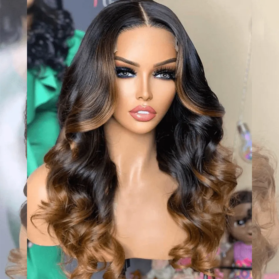 Double Drawn Hairstylist Works 6x5 Glueless Lace Closure Human Hair Wigs Body Wave Ombre Brown Colored Wigs Medium Chest Length