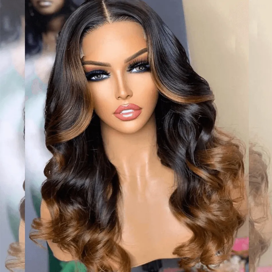 Double Drawn Hairstylist Works 6x5 Glueless Lace Closure Human Hair Wigs Body Wave Ombre Brown Colored Wigs Medium Chest Length