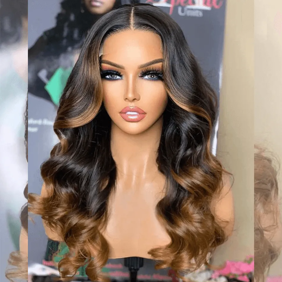 Double Drawn Hairstylist Works 6x5 Glueless Lace Closure Human Hair Wigs Body Wave Ombre Brown Colored Wigs Medium Chest Length