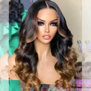 Double Drawn Hairstylist Works 6x5 Glueless Lace Closure Human Hair Wigs Body Wave Ombre Brown Colored Wigs Medium Chest Length