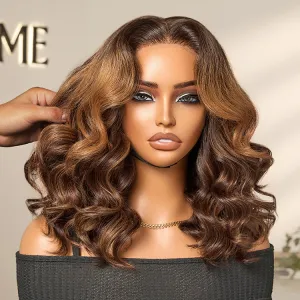 Elegant Brown Ombre Loose Wave Minimalist HD Lace Glueless Short Wig 100% Human Hair Pre-Cut Lace