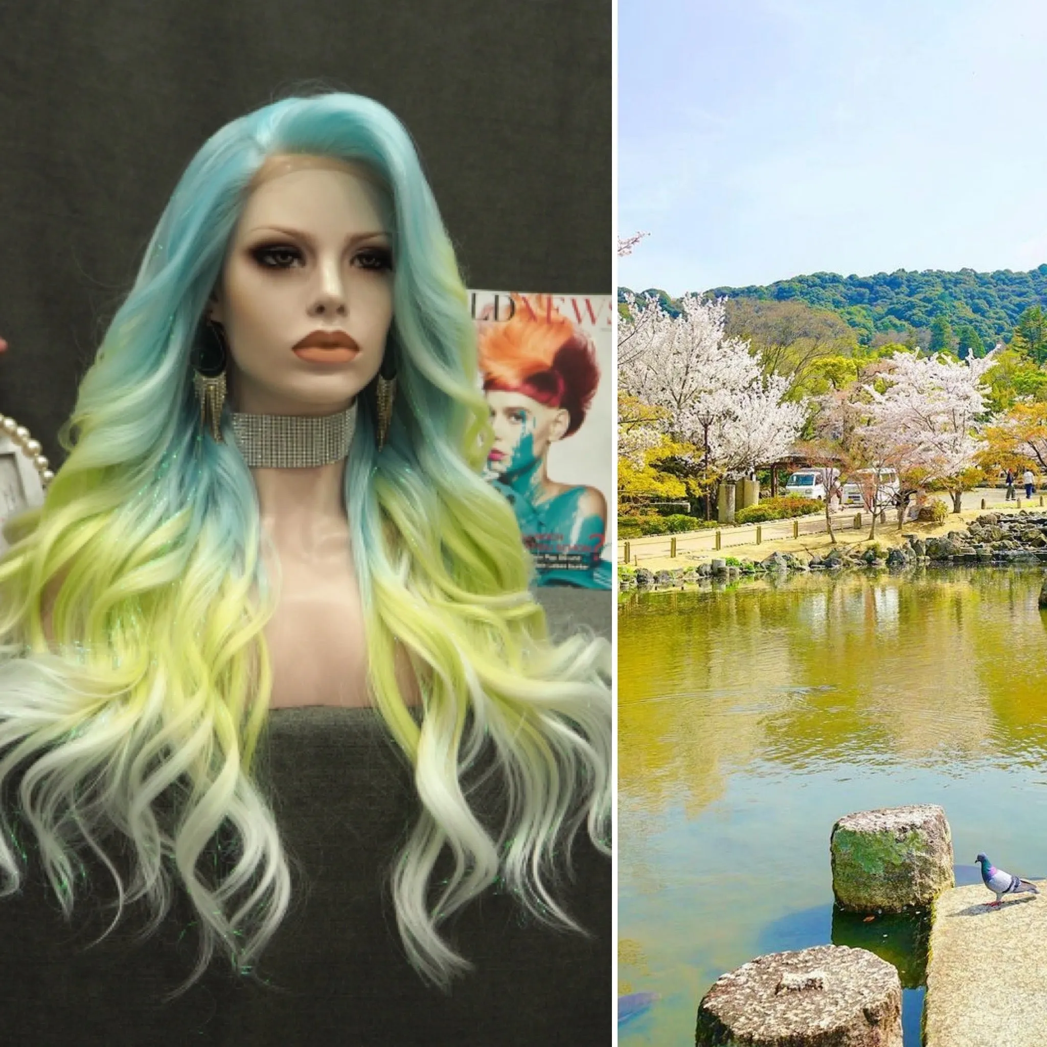 Ella - Light Blue to Green Ombre Tinsel  Long Wavy Synthetic Lace Front Wig