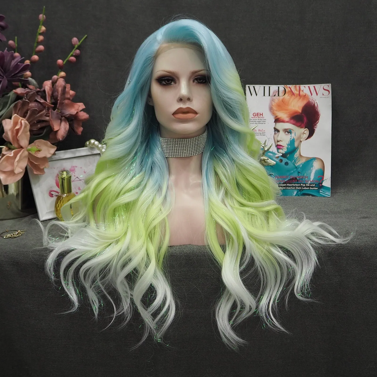 Ella - Light Blue to Green Ombre Tinsel  Long Wavy Synthetic Lace Front Wig