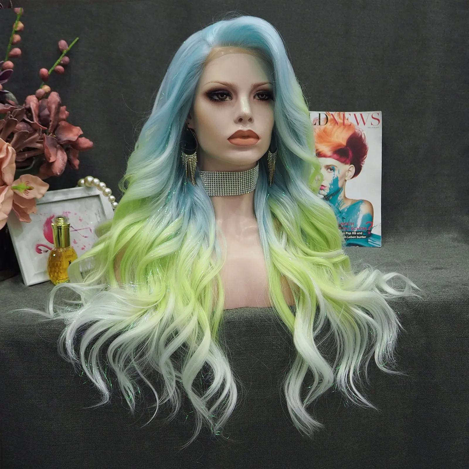 Ella - Light Blue to Green Ombre Tinsel  Long Wavy Synthetic Lace Front Wig
