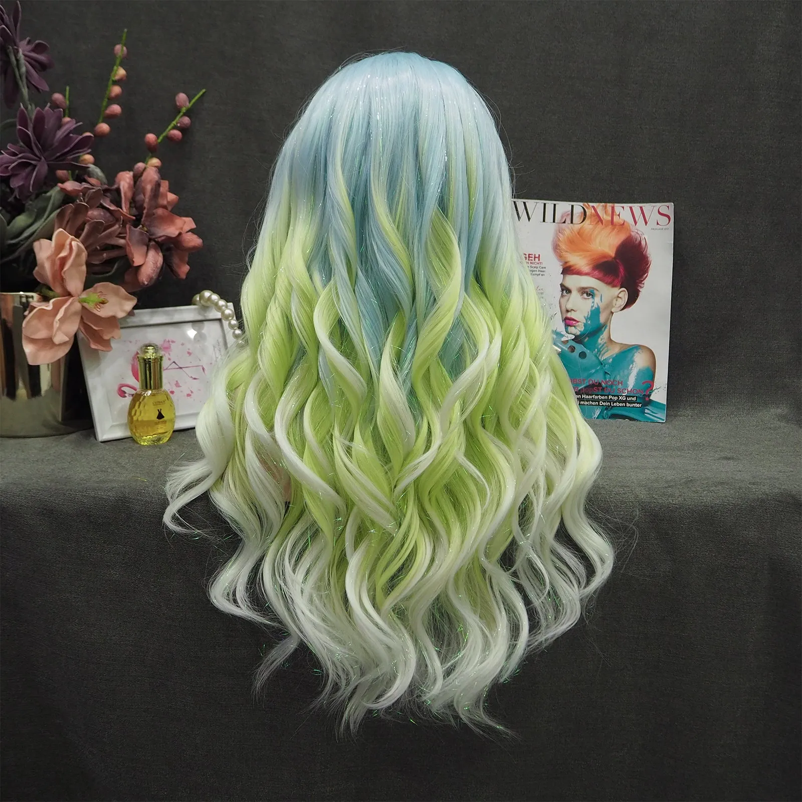 Ella - Light Blue to Green Ombre Tinsel  Long Wavy Synthetic Lace Front Wig