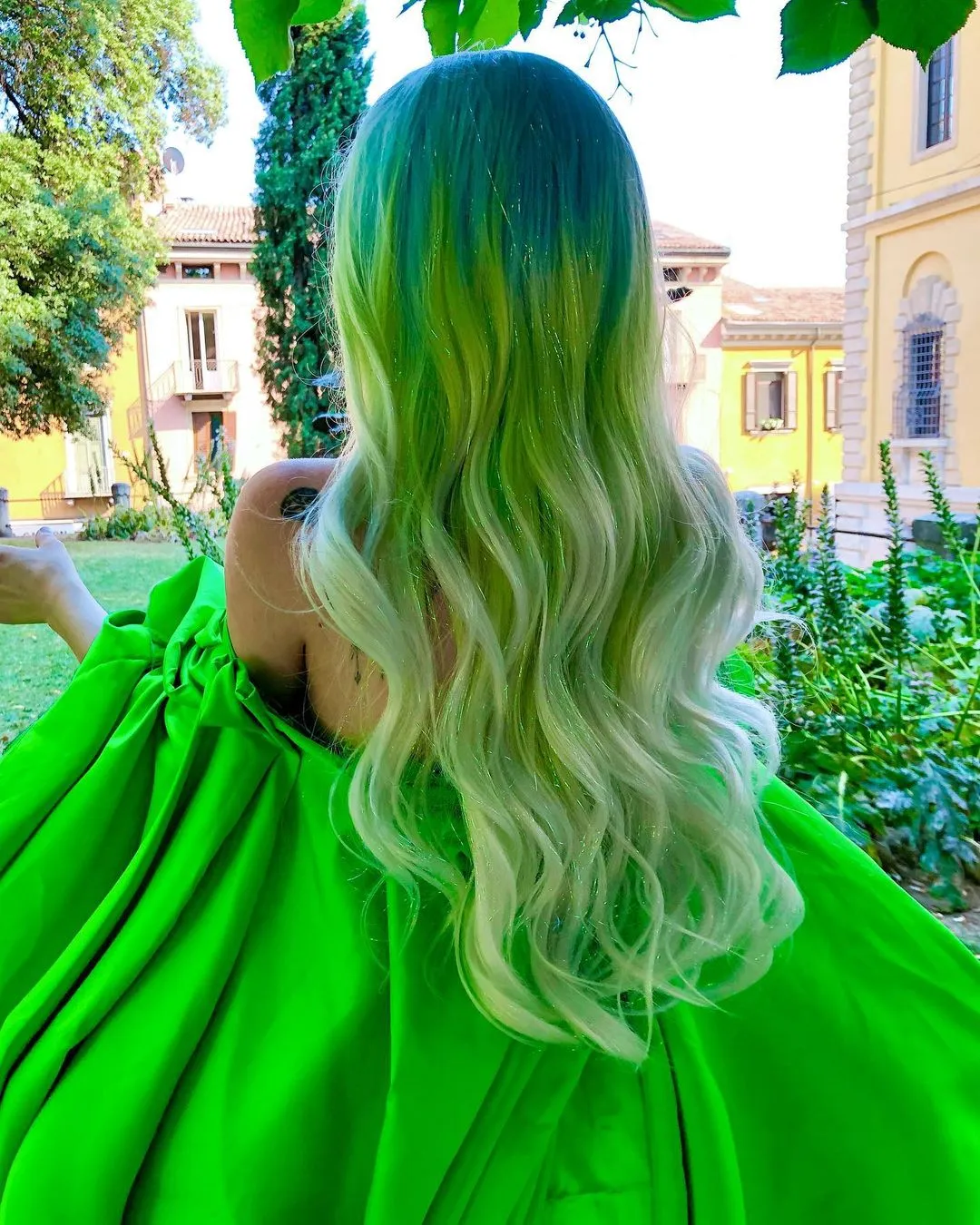 Ella - Light Blue to Green Ombre Tinsel  Long Wavy Synthetic Lace Front Wig