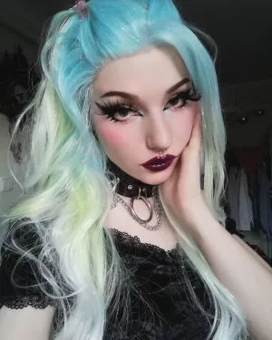 Ella - Light Blue to Green Ombre Tinsel  Long Wavy Synthetic Lace Front Wig
