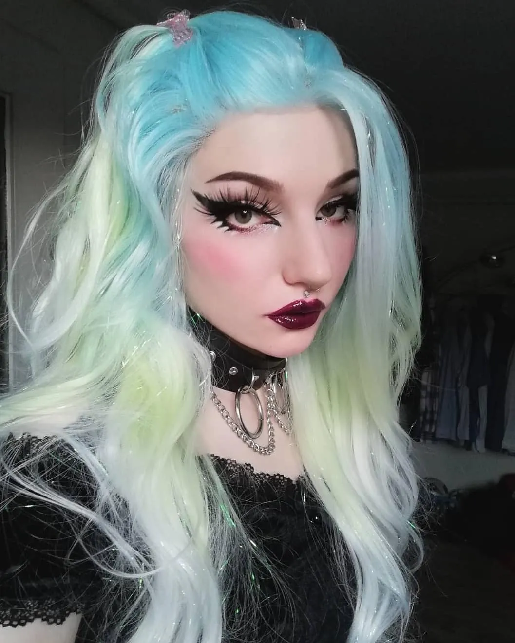 Ella - Light Blue to Green Ombre Tinsel  Long Wavy Synthetic Lace Front Wig